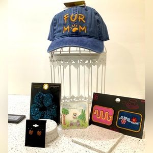 Fur Mom Hat & Accessories Set Includes Hat, Scrunchie, Pin, Patches, Earrings.